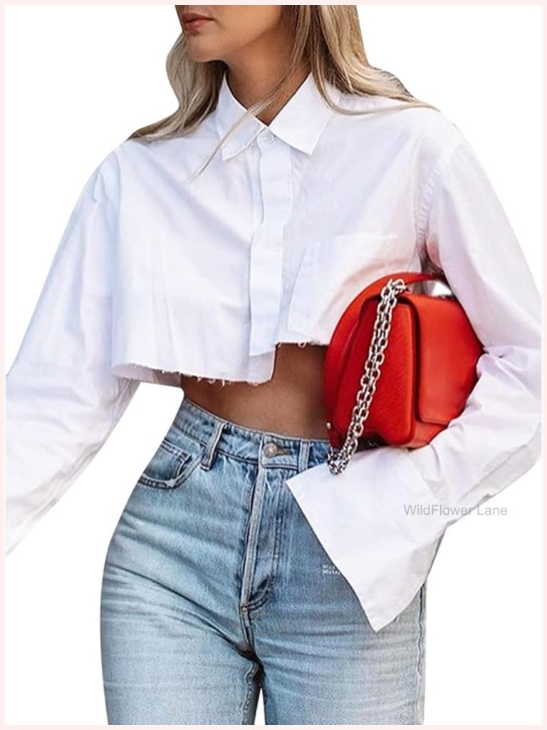 Cropped Oversized Long Sleeve Button Down Blouse